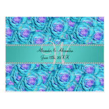 Wedding monogram turquoise roses post card