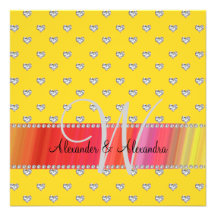 Wedding monogram yellow diamonds hearts invitations