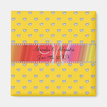 Wedding monogram yellow diamonds hearts fridge magnet
