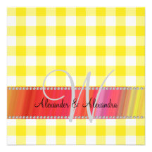 Wedding monogram yellow gingham checkers invites