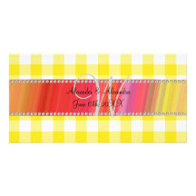 Wedding monogram yellow gingham checkers photo card template