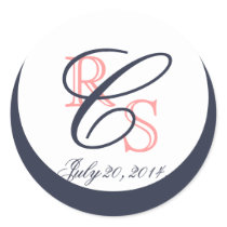 Wedding Monograms Round Stickers Coral Navy Blue