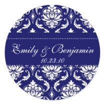 Wedding Names Date Damask Navy Large Stickers