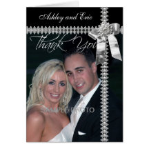Wedding Photo Thank You Card Silver Bow Ribbon