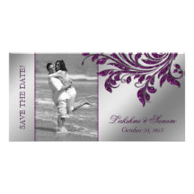 Wedding Photocard Save the Date Leaf Purple Silver Photo Greeting Card
