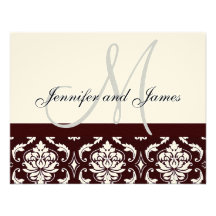 Wedding RSVP Card Brown Damask Monogram Names Invitation