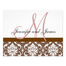 Wedding RSVP Card Brown Pink Damask Monogram Personalized Invite