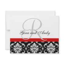 Wedding RSVP Card Red Damask Monogram & Names Personalized Invite