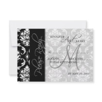 Wedding RSVP Cards Black Damask Monogram