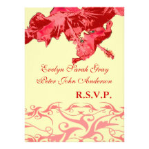Wedding rsvp exotic red hibiscus brocade custom announcement