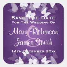 Wedding Save The Date Elusive Butterflies Purple Square Stickers