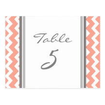 Wedding Table Number Cards Coral Grey Chevron Postcard