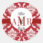 Wedding Three Monograms & Names Red Damask Seal Round Stickers