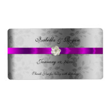 Wedding Wine Label  Purple Ribbon & White Flower