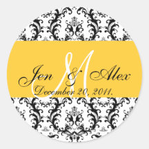 Wedding Yellow Monogram Names Date Damask Seal Round Stickers