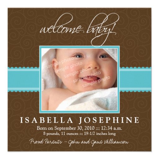 Welcome Baby! Aqua Ribbon Birth Announcement
