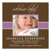 Welcome Baby! Purple Ribbon Birth Announcement