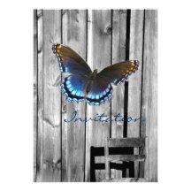 Western country woodgrain blue butterfly party personalized invite