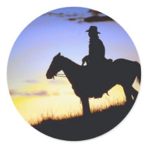 Western Cowboy Sunset Silhouette Round Stickers