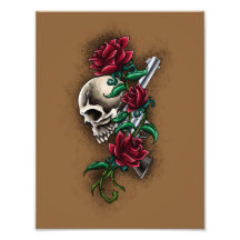 Western Skull with Red Roses and Revolver Pistol Photograph