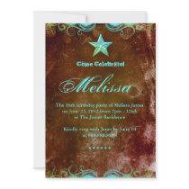 Western Sweet 16 Invitation Blue Brown Star