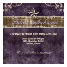 Western Vintage Grad Photo Card Damask Star Purple Personalized Invitations