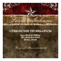 Western Vintage Grad Photo Card Damask Star Red Custom Invite