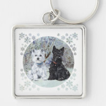 Westie and Scottie in Snowy Landscape Key Chain