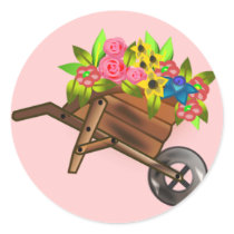 Wheelbarrow/ wagon filled with flowers round sticker