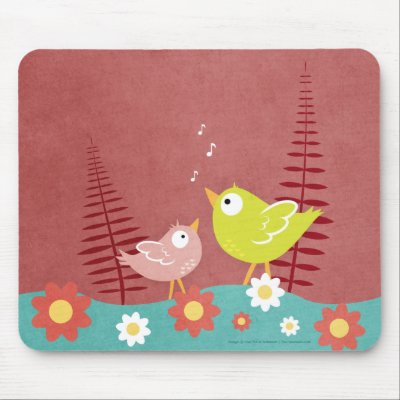 Whimsical Birds and Flowers Mousepad / Mouse Mat by LisaMarieDesign