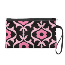 whimsical chic pink flower damask on black wristlet purse