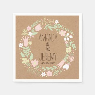 Whimsical Floral Wreath on Craft Paper Wedding Disposable Napkins