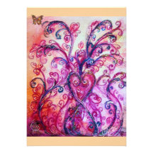 WHIMSICAL FLOURISHES bright red ,pink purple Custom Announcements