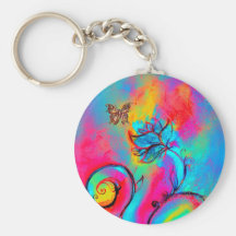 WHIMSICAL FLOWERS & BUTTERFLIES pink yellow blue Key Chain
