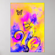 WHIMSICAL FLOWERS & BUTTERFLIES  pink yellow blue Print