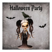 Whimsical Frankie Bride & Crow Damask Halloween Announcement