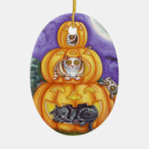 whimsical halloween cats and jack-o-lanterns ornaments