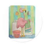 Whimsical Pink Flamingo Does Laundry Cute Round Stickers
