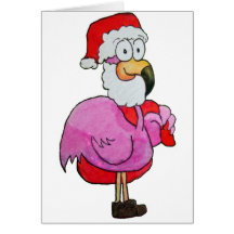 Whimsical Pink Flamingo Santa W/ Toy Bag Hat Greeting Cards
