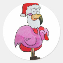 Whimsical Pink Flamingo Santa W/ Toy Bag Hat Sticker