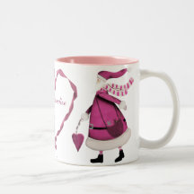 Whimsical Pink Santas & Heart Ribbon Personalized Coffee Mugs