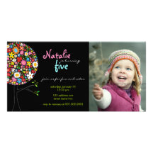 Whimsical Spring Flowers Pop Tree Kid Birthday Photo Cards