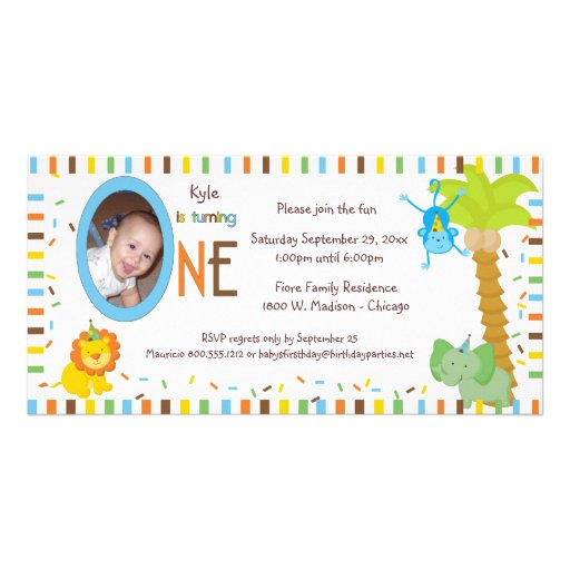 Whimsical Stripes And Animals First Birthday Photo Card