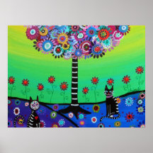 Whimsical Town Cats day Out Painting by Prisarts Poster