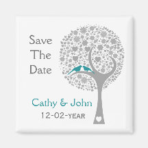 whimsy tree blue lovebirds mod save the date refrigerator magnets