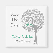 whimsy tree mint lovebirds mod save the date refrigerator magnet