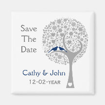 whimsy tree navy blue lovebirds mod save the date magnets