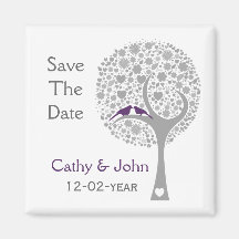 whimsy tree purple lovebirds mod save the date refrigerator magnets