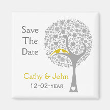 whimsy tree yellow lovebirds mod save the date magnets