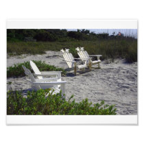White Adirondack Chairs on Beach Art Photo
